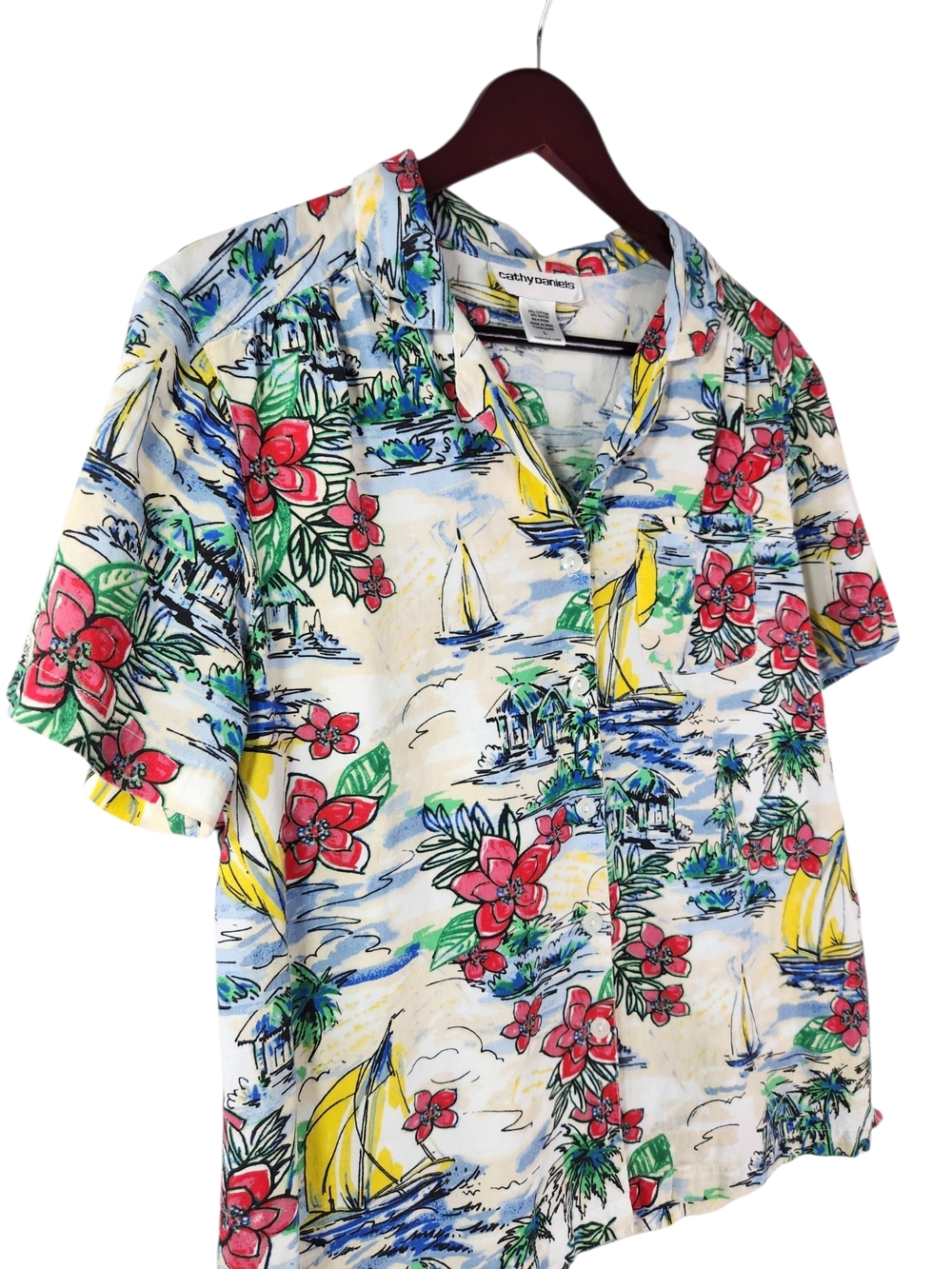 Cathy Daniels Vintage Tropical Print Button Front Blouse Large Hawaiian Beach